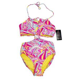 Womens High-Waisted Swirl Print Bikini Set Halter Tie Cut-Out Detail Size S